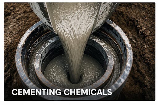 Cement slurry being poured, representing well cementing operations