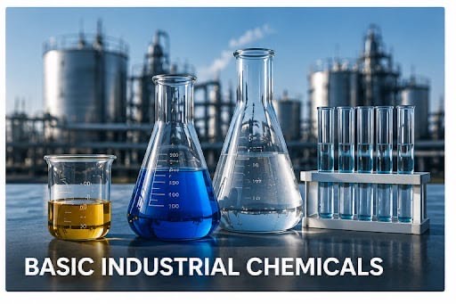 Laboratory glassware with industrial chemicals and a plant behind